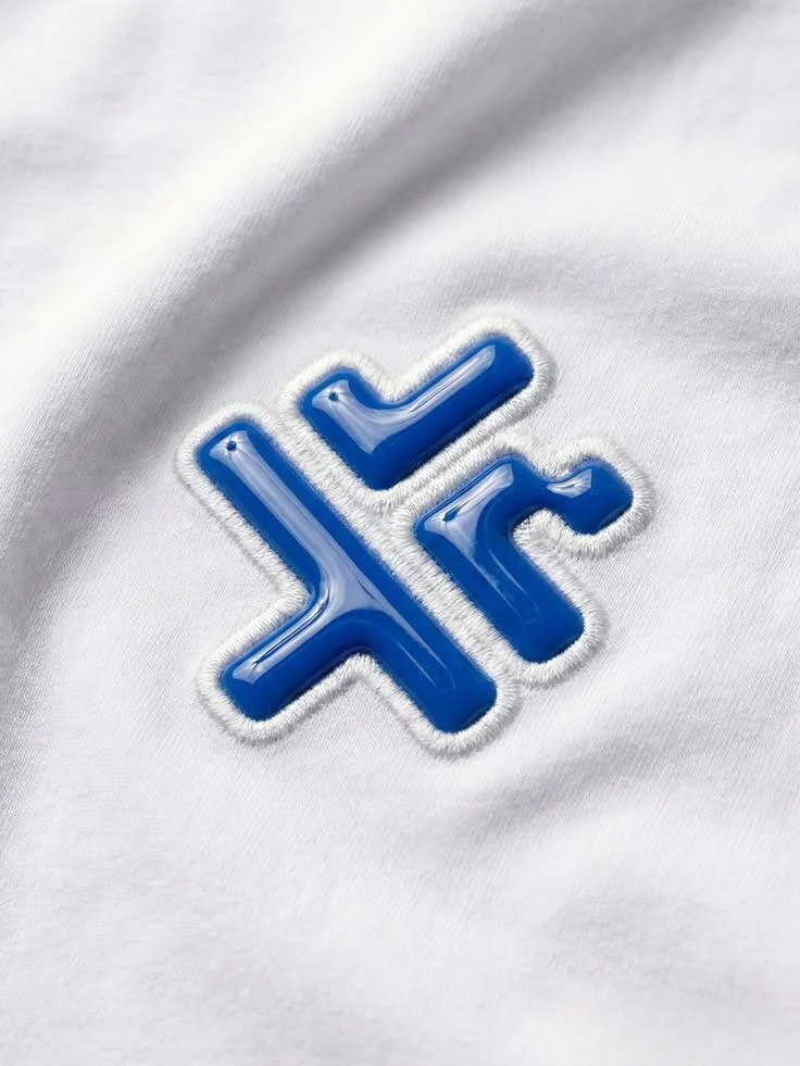 Glossy blue raised silicone logo print on white fabric