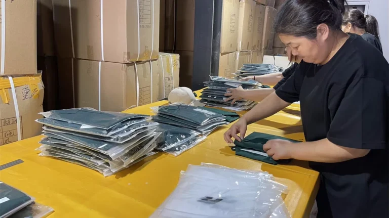 Garments being folded and packed at a work table