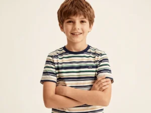 Boy wearing a striped T-shirt from the supplied catalogue