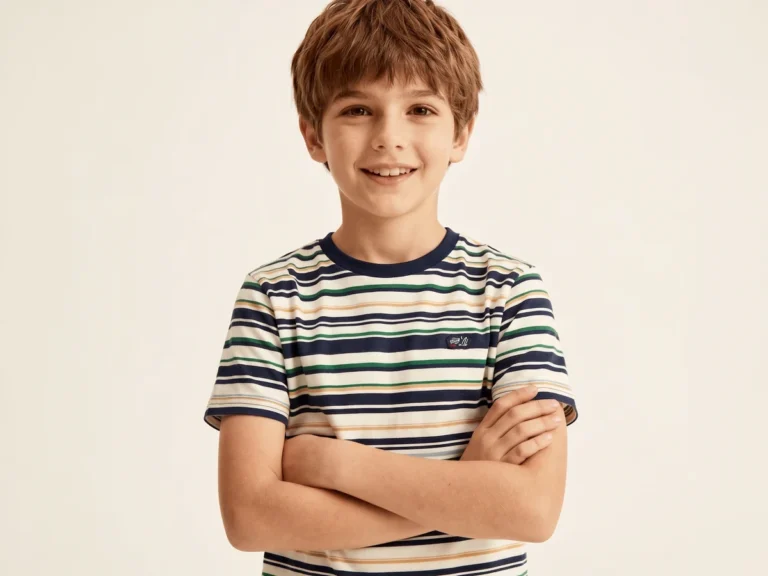 Boy wearing a striped T-shirt from the supplied catalogue
